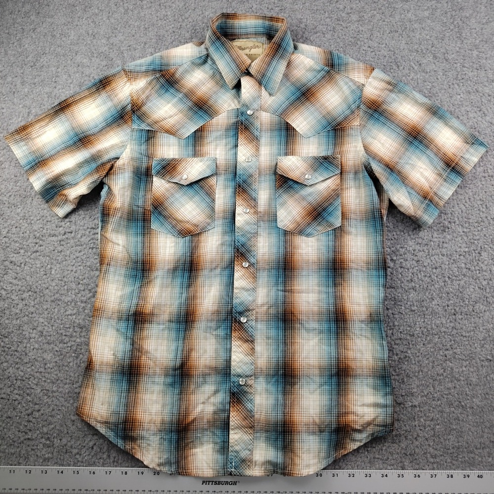 Wrangler Western Shirt Mens Medium Plaid Blue Brown Pearl Snap Short Sleeve EUC